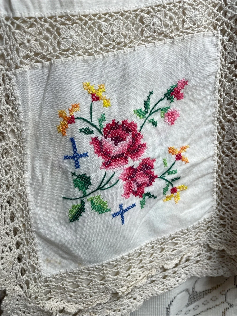 Handmade Cross-stitched Floral White Tablecloth with Crochet Trim Vintage